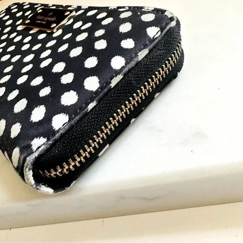 Kate Spade Polka Dot Large Zip Around Nylon/Leather Wallet